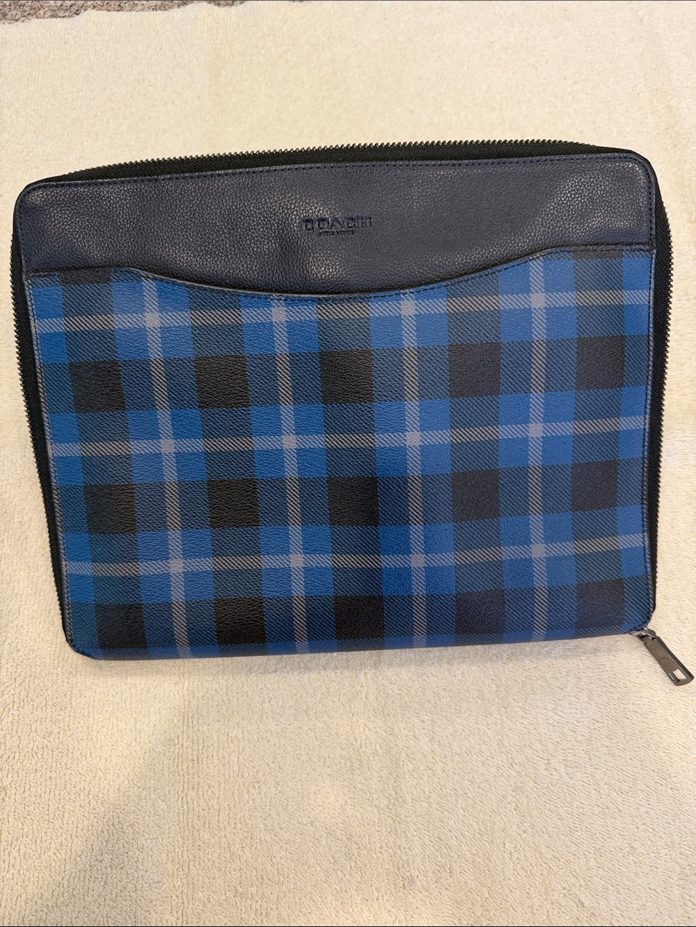 Coach Men's Blue and Black Plaid Zip Laptop Sleeve with Leather Trim